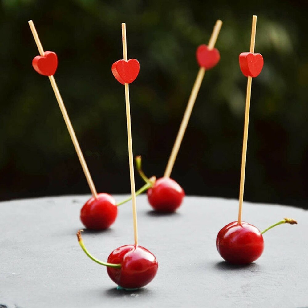 100 pièces 12cm jetable bambou coeur brochette fruits Dessert gâteau signe Cocktail choisir mignon nourriture bâton Buffet décoration de gâteaux fête