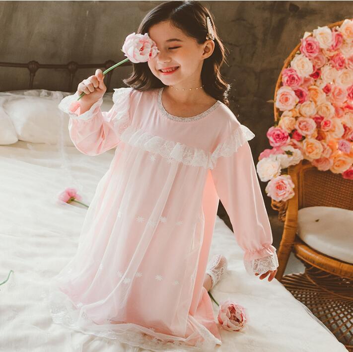 Girls Ruffle Nightgown - Long Sleeve Lace Trim Nightdress, Loose Fit Sleepsuits For Kids, Plain Colors