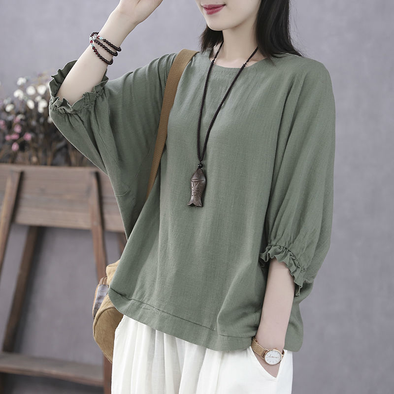 Zomer Losse Casual Batwing Halve Mouw Ruches Shirt Dames O Hals Effen Kleur Top Dames Oversized Pullover Blouse Femme: XXL / green