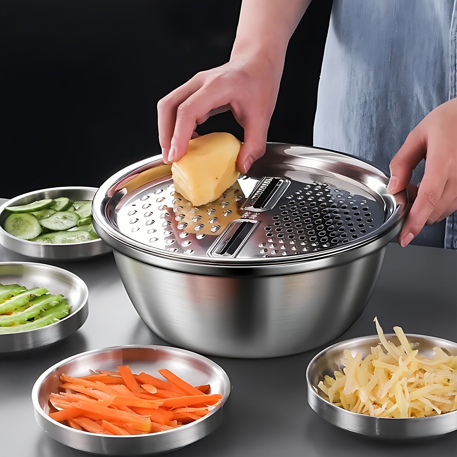 Cubiertas para cuencos de cocina de acero inoxidable de 3 piezas, cuenco para mezclar multifuncional, cepilladora, rebanado multicapa desmontable