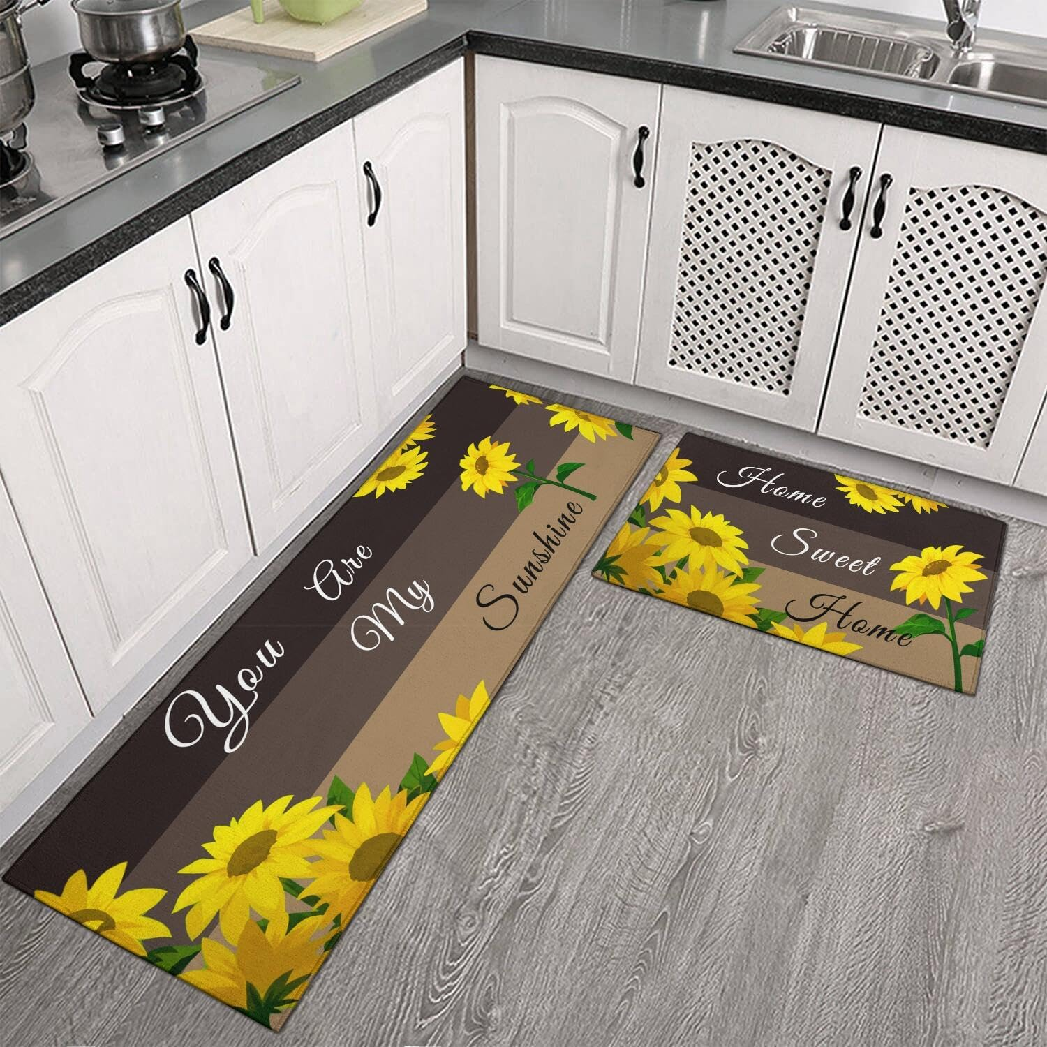 Sunflower Kitchen Rugs Farmhouse Vintage Washable Anti Fatigue Kitchen Runner Mats for Floor Decor Mat for Sink, Laundry: 400mm x 1200mm / WHITE
