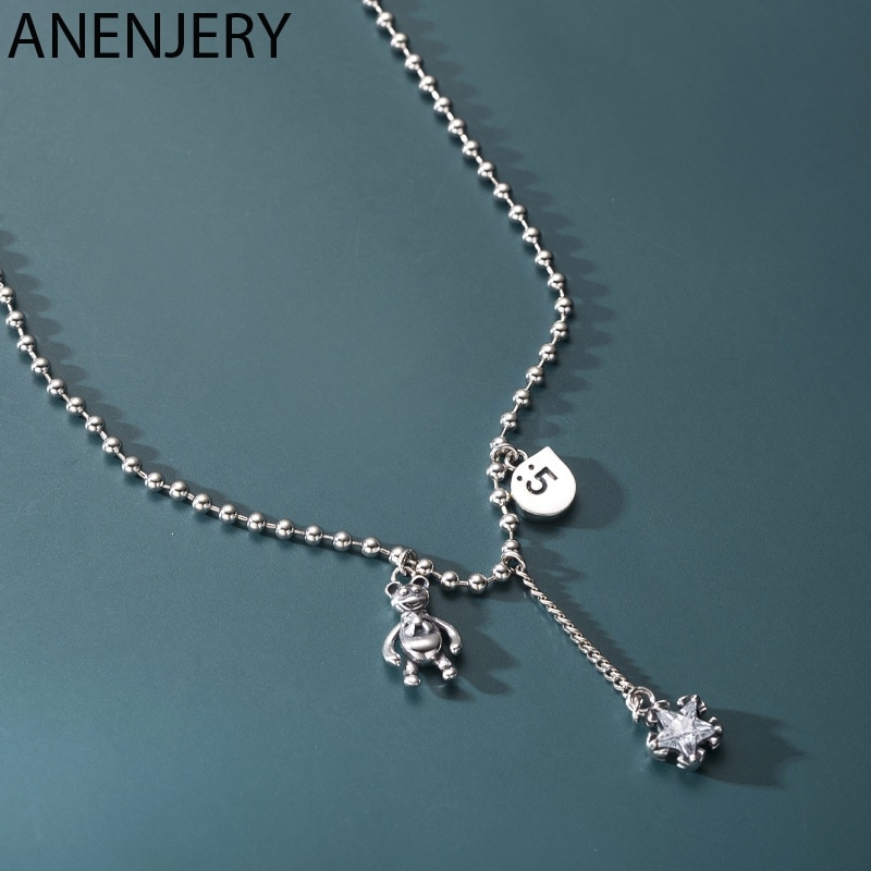 ANENJERY Retro Cute Bear Star Pendant Thai Silver Color Necklace With Long Chain Tassel Zircon Necklace for Women S-N648