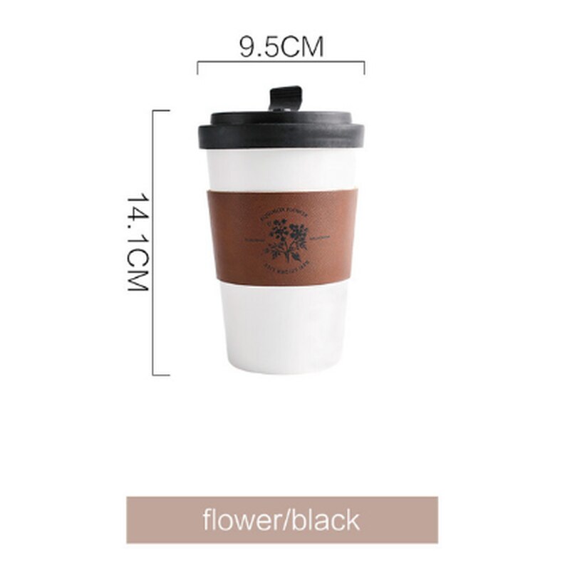 400ml keramiske kaffekrus te kopper store rejsekrus camping krus kaffekop med isoleret læder  wj826: Blomst sort låg