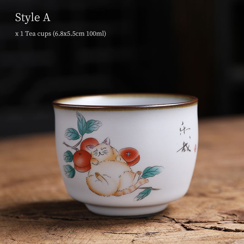 LUWU Ceramic Tea Cup Cute Cat Chinese Teacups 100ml: Style A