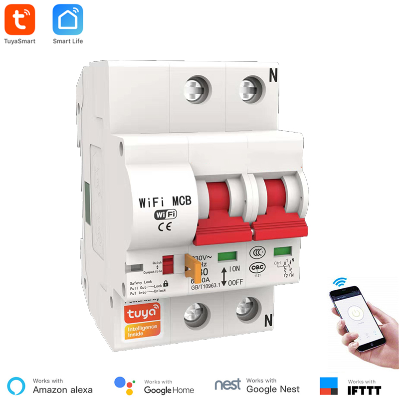 Tuya Smart Stroomonderbreker 63A 1P/2P/3P/4P Wifi Smart Circuit Breaker automatische Schakelaar Overbelasting Kortsluiting Alexa: 2P 63A