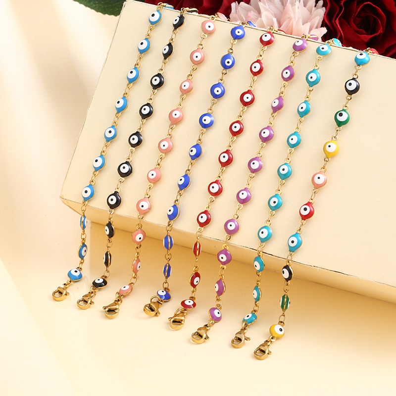 neue 8 Farben Edelstahl Korn Armbinde Für Frauen Männer Gold Farbe Verknüpfung Kette Bunte böse Auge Charme Weibliche schmuck