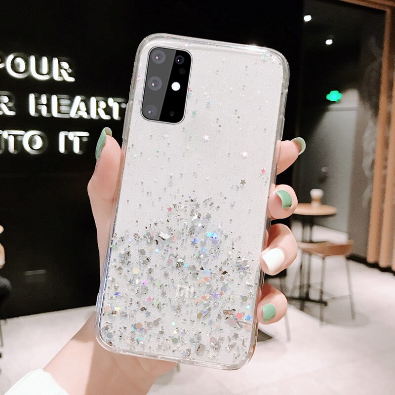 Funda brillante lentejuelas para Samsung S20 Ultra Plus A51 A71 A81 A91 A10S A20S epoxi Star funda transparente suave TPU: For Galaxy S20 Ultra / Transprent