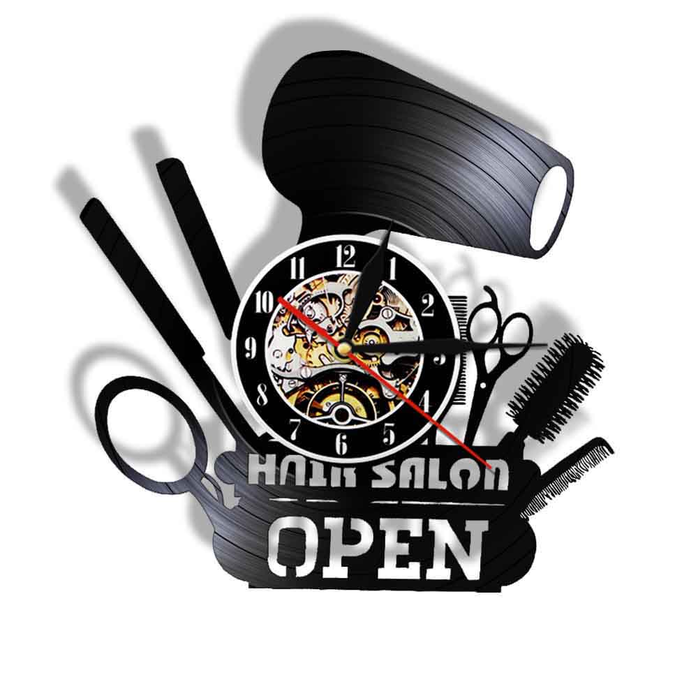 Hair Salon Open Vinyl Record Lamp Night Light Barber Shop LED Wall Clock Comb Scissors Hair Dryer Modern Slient Watch: Without LED