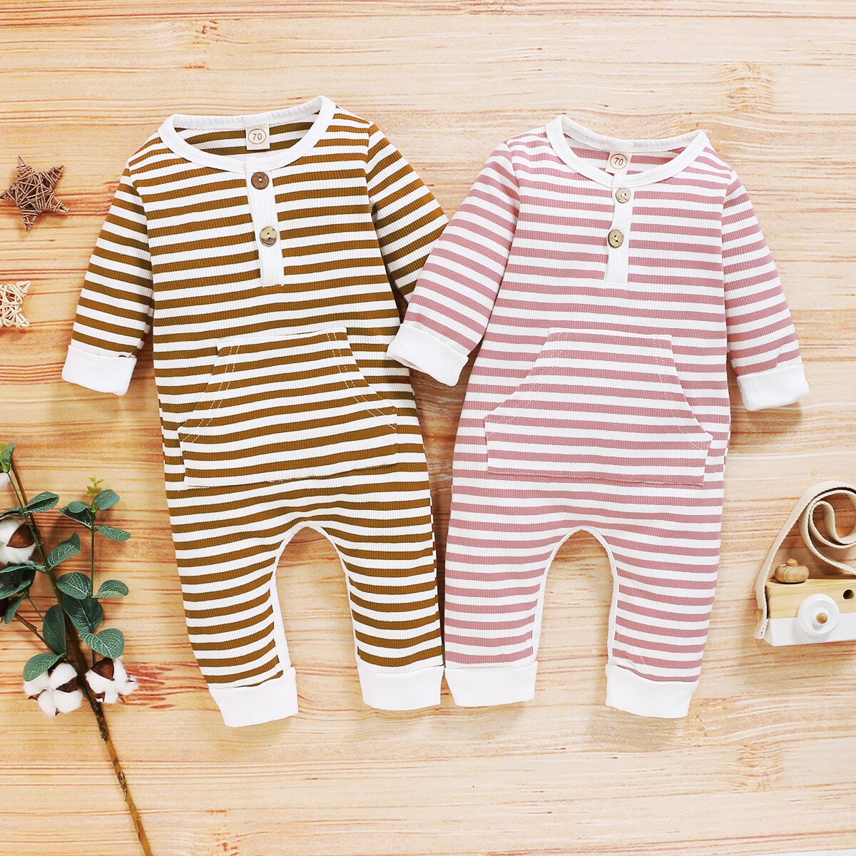 Combinaison à manches longues pour -né, barboteuse rayée, avec poche, vêtements pour bébés garçons et filles, automne