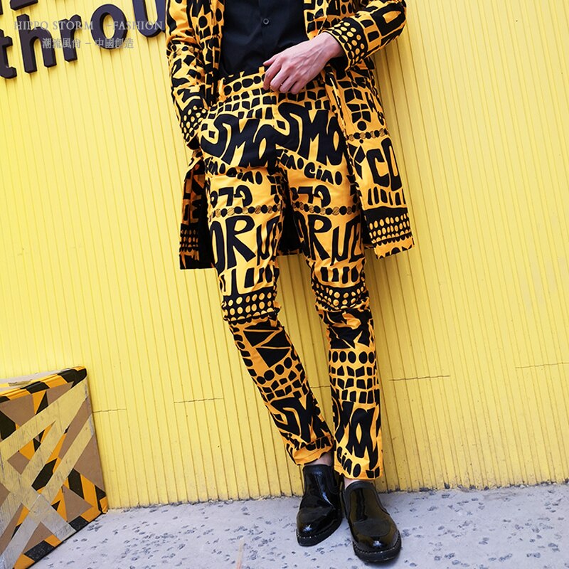 Hommes jaune lettre imprimé Floral costume pantalon Hip Hop discothèque scène chanteur DJ mâle pantalons décontractés chanteur scène