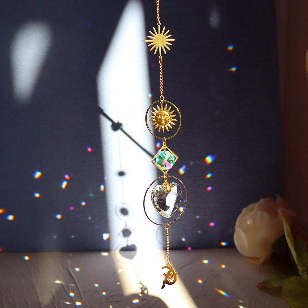 Crystal Wind Chime Star Moon Pendant Geometric Sun Catchers Gold Plated Hanging for Garden Window Wedding Curtain Decor