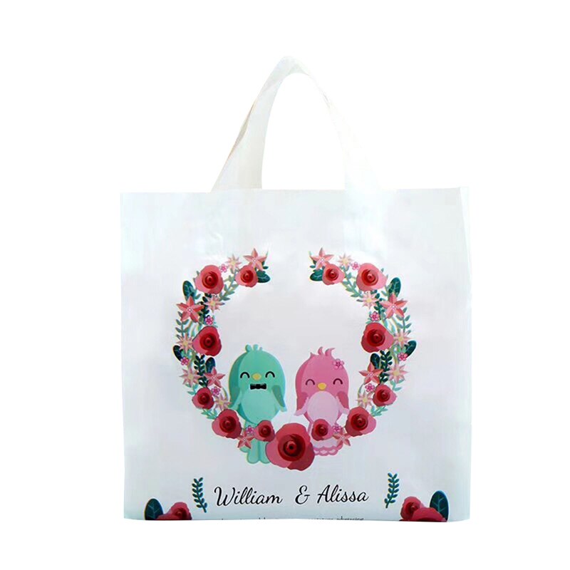 50pcs/lot Colorful Plastic Shopping Bags With Handle Boutique Clothes Packaging Bag Plastic Handbags: Cute Couple Bird