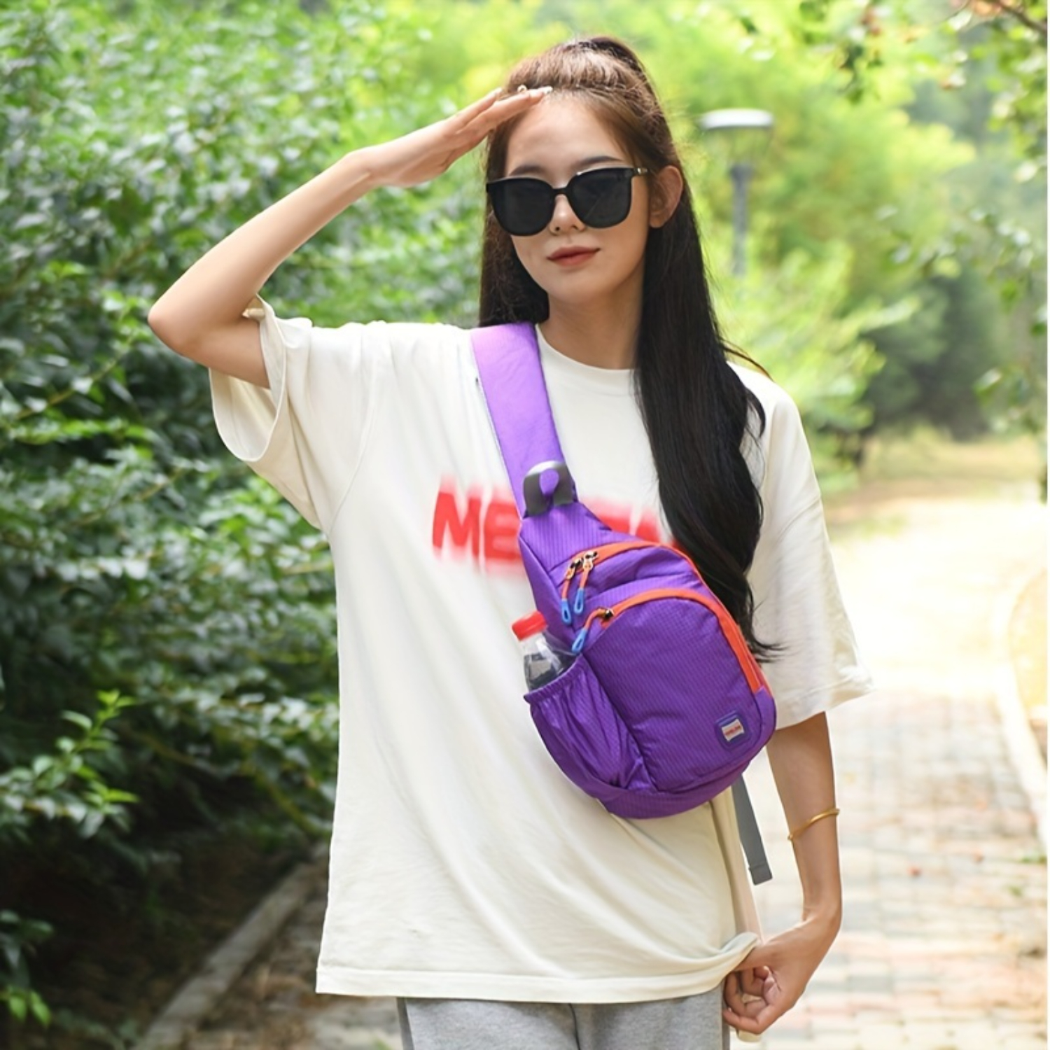 Outdoor Sports Trendy Waterproof Nylon Fanny Pack with Side Pocket and Zipper Sling Bag: white color