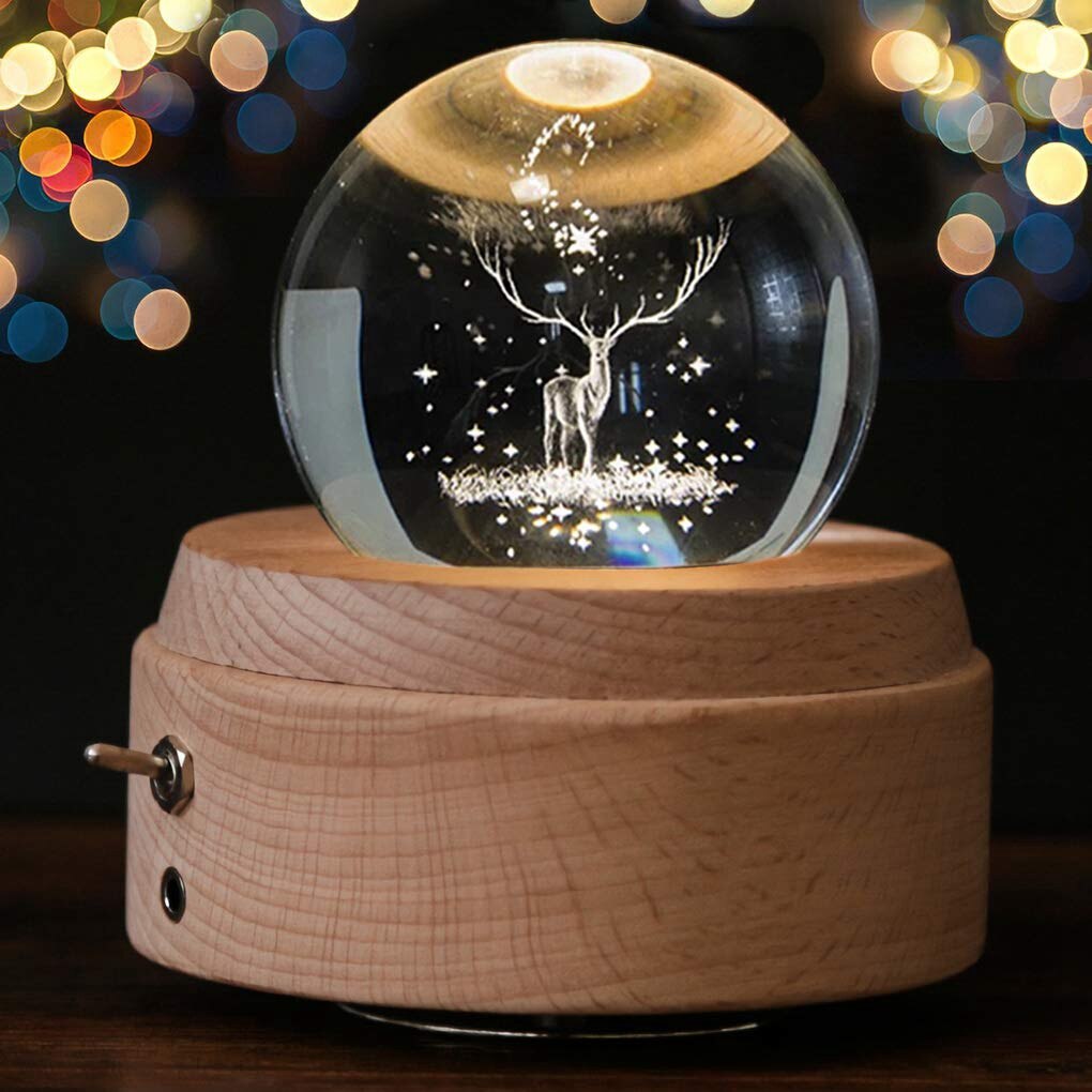 Boîte à musique rotative en boule de cristal, cerf lumineux avec Projection Led, -3D