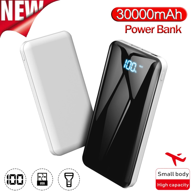 30000mAh Power Bank Powerbank Outdoor Travel Charger LCD Digital Display LED Lighting Phone External Battery Pack for Smartphone