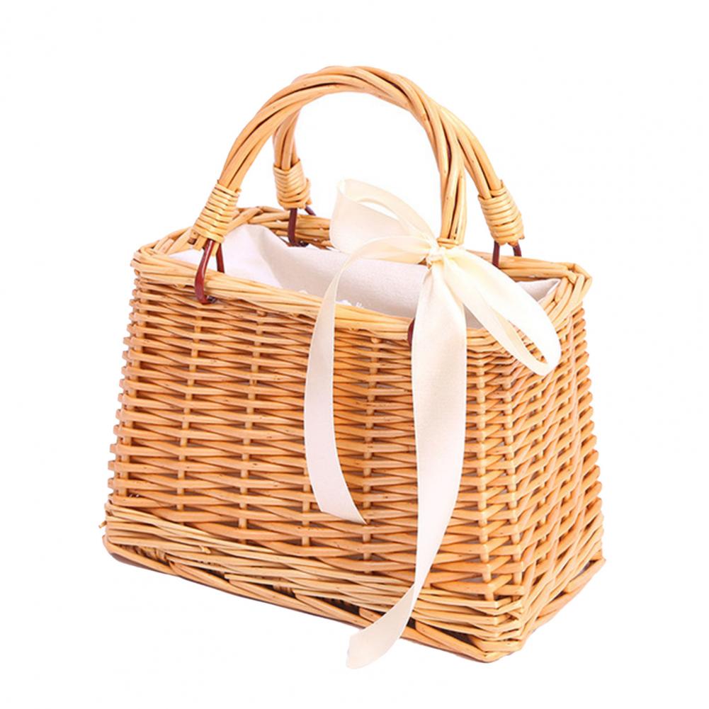 Wicker Flower Basket Rustic Style Woven Handbag Handmade Rattan Woven Trendy Concise Women Handbag Picnic Fabric Rattan Basket: Red