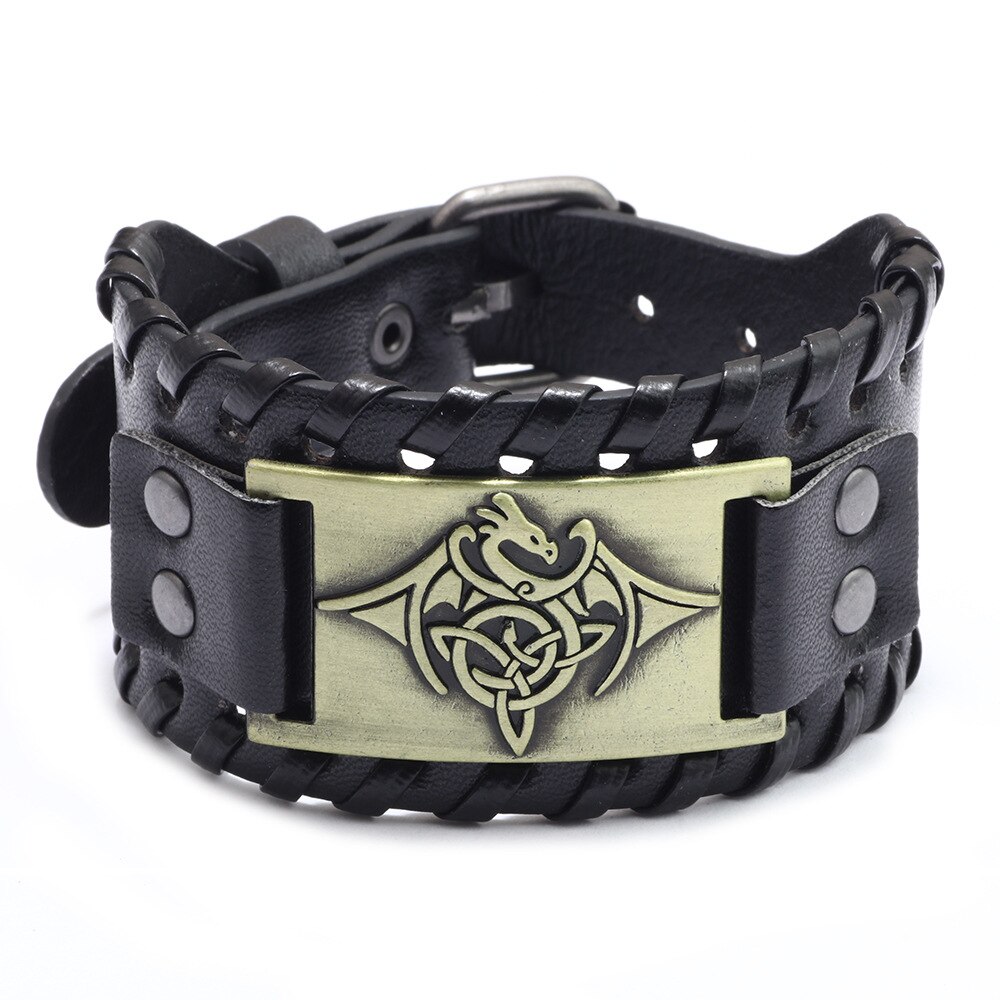 Mannen Stijl Legering Totem Charm Gevlochten Lederen Armband Brede Polsband Rijkdom Welvaart Manchet Bangle Armband Sieraden: BF051