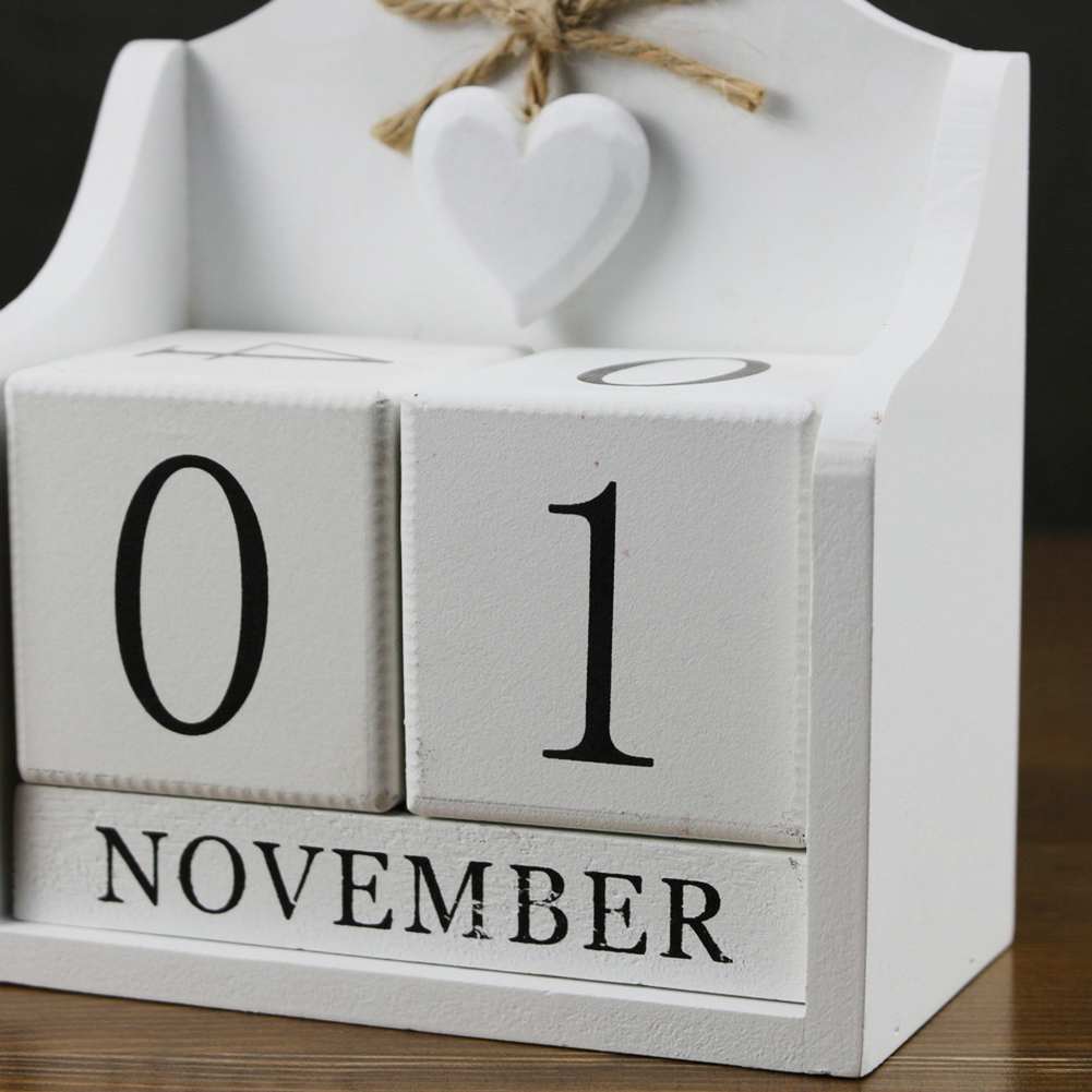 Diy bloque de madera calendario perpetuo figuritas de escritorio Calendario de madera Calendario de hogar Oficina Decoración -Whit