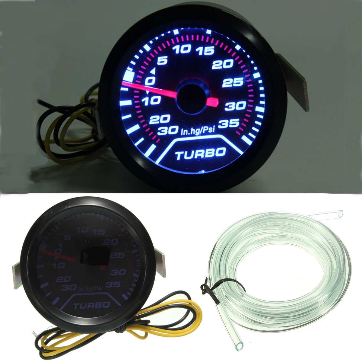 Universal 52mm 2" Car Gauge Pressure Turbo Boost Gauges Meter In. HG PSI Smoke Dial Face White Digital LED Light