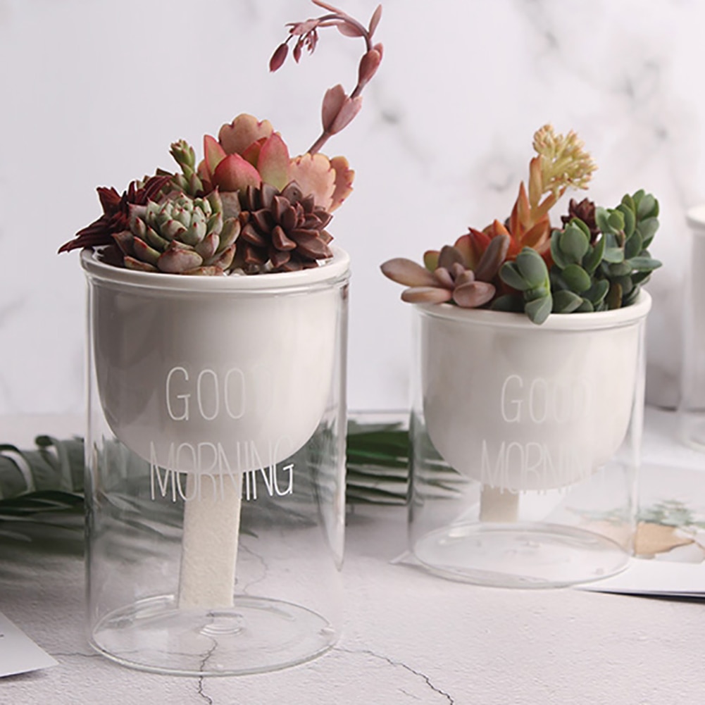 Automatic Watering Flower Pots Ceramic Succulent Plant Flower Pot with Glass Water Container Planters Flower Pots Garden Decor n