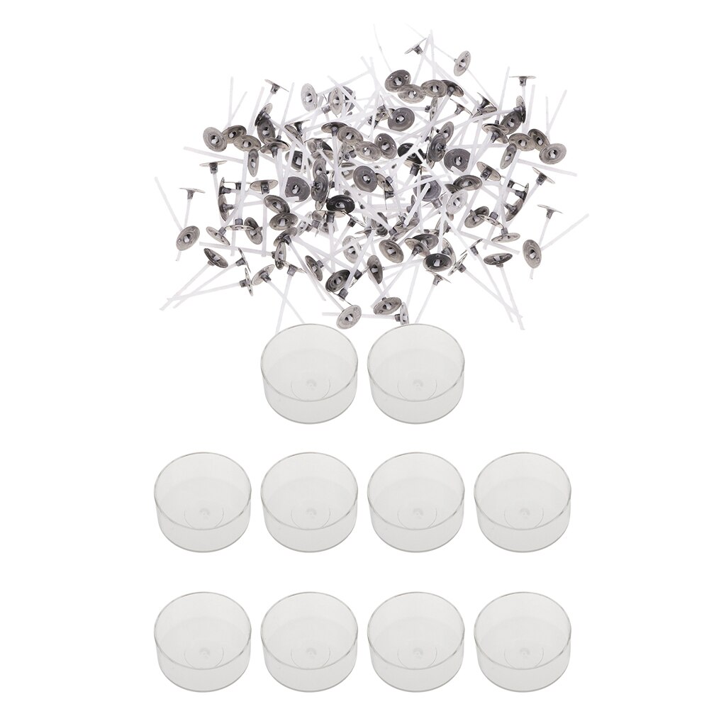 10x Clear Plastic Round Tealight Cup Empty Case + 200x Cotton Candle Wicks