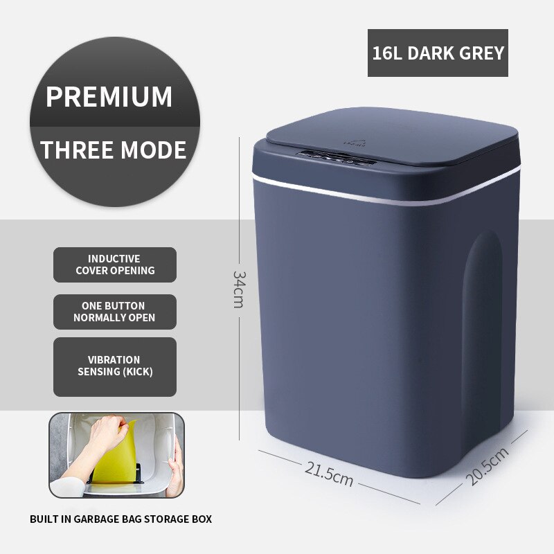 Trash Can Smart Sensor Electronic Automatic 7L/8L Garbage Bin Household Bathroom Toilet Waterproof Narrow Seam Kitchen Trash Bin: Battery grey 16L