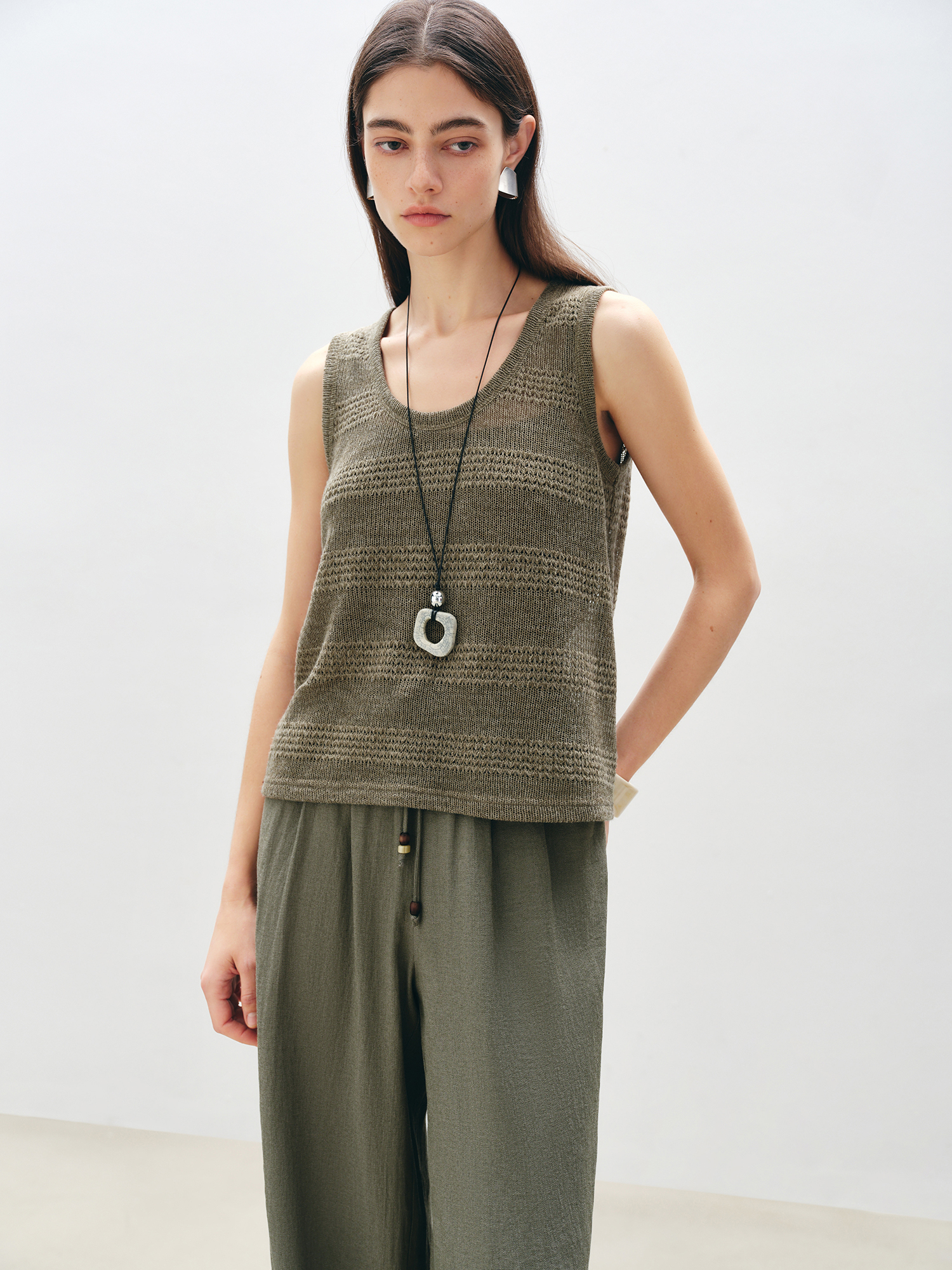Ziqiao petite-størrelse folkestil strikket vest afslappet buksedragt dame sommermodel 25 zq 92075: S / Grøn