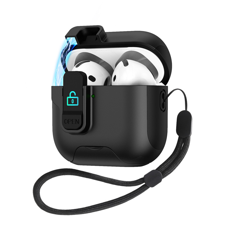 Luxury Earphone Protective Case For Airpods 4 Pro 2 3 2and1 safety catch Magnetic Bottom with stand With Hook: M / black