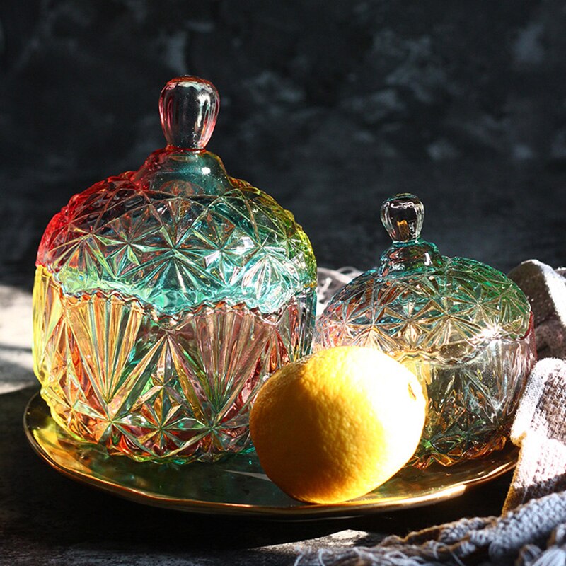 Vintage farge krystallglass oppbevaring hermetisert sukkerbokser diamant godteri boks bomullspinne boks bomullspad husholdningsoppbevaring