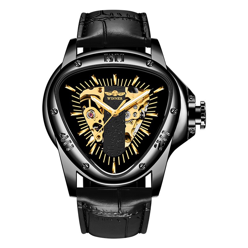 Jaragar-reloj mecánico automático para hombre, cronógrafo con correa de cuero, esfera triangular única, deportivo, Masculino: black gold
