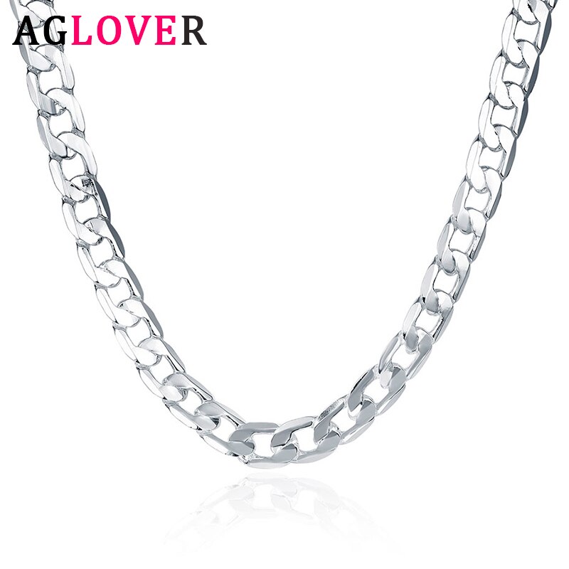 AGLOVER 925 Sterling Silver 16/18/20/22/24 Inch 8MM Side Chain Necklace For Woman Man Charm Jewelry