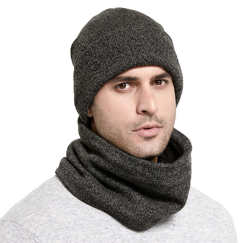 Vinter strikkede hatte tørklæde sæt tykne plus fløjl unisex varme beanies bløde mænd kvinder bomuld solid tørklæde hat kit: Dybgrå