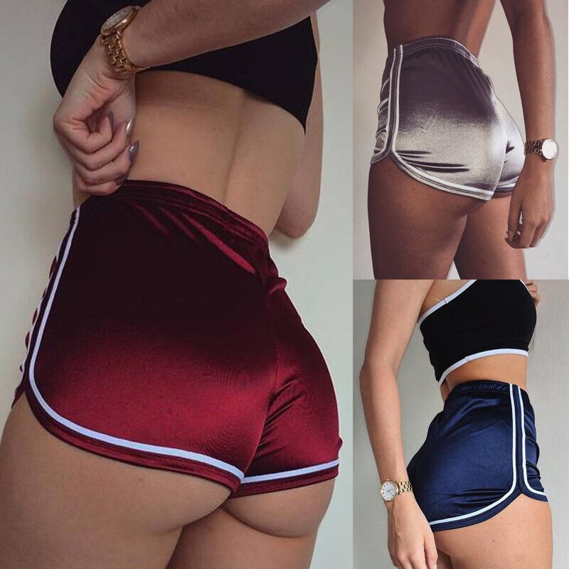 Dam sommar casual strand smal dam randig satin siden shorts med hög midja svart silver vinröd