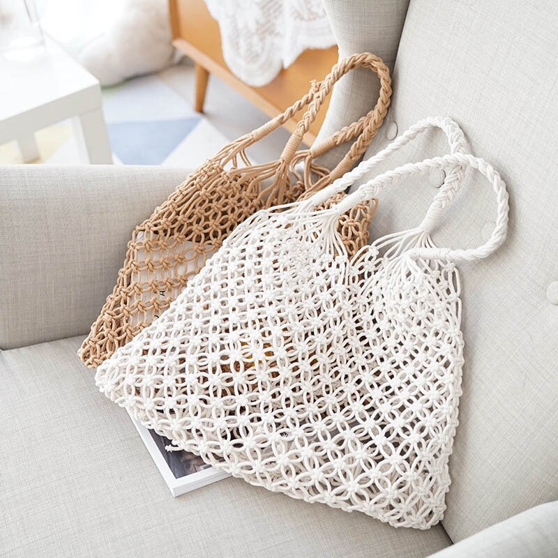 Dames damesmeisje geweven schoudertas handtas rits katoenen draad vintage voor reizen strand xr