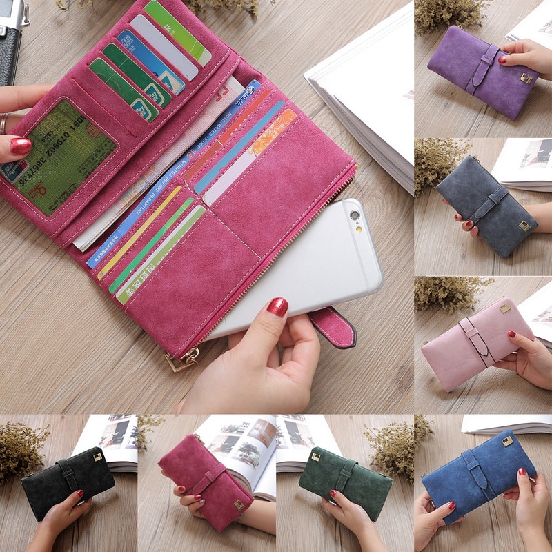 Dames rits multi-kaart positie leren kaart telefoon munt houder organizer lange trekkoord portemonnee matte portemonnees