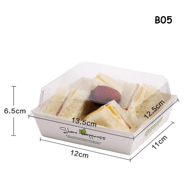 Engångsmacka kartong brödlåda puffar genomskinligt lock förpackningslåda bageri snacks förpackningslåda snabbmatslåda take away: B05