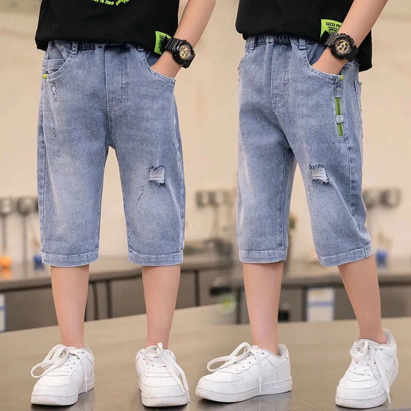 Summer Teenager Kids Children Jean Shorts Denim Cotton Shorts for Boys Solid Casual Shorts Beach Short Sports Pants 5-12Yers