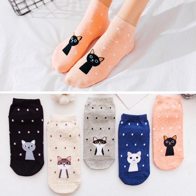 5Pairs Spring Summer Cartoon Cat Socks Cute Animal Women Socks Funny Ankle Socks Ladies Girls Cotton Invisible Socks