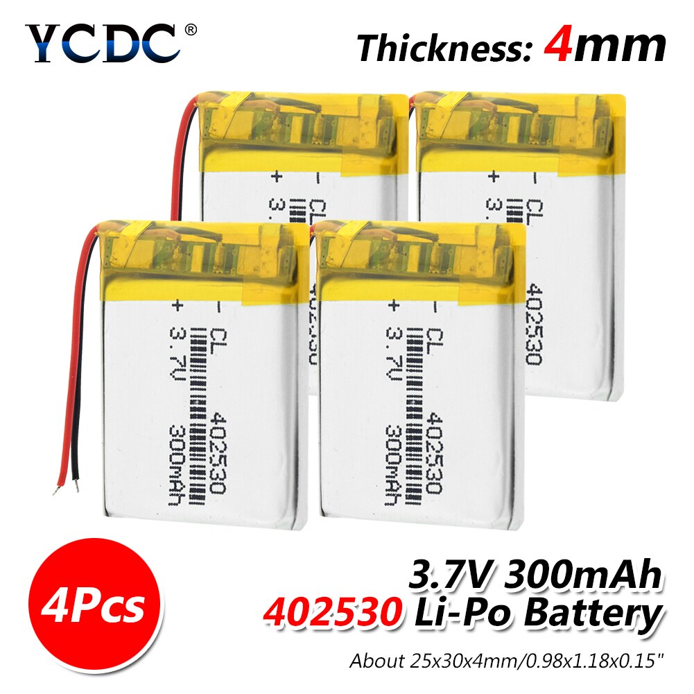 1/2/4 stks/partij 3.7v 402530 300mAh Lithium Polymeer Batterij Voor Mp3 Mp4 Gps PDA Smart horloge PSP Radio Speaker Li-Ion Lipo Batterij: 4 pieces