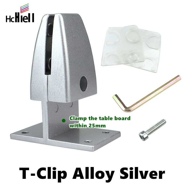 Pinzas de aleación de aluminio y plata para Mampara de oficina ajustable, soporte de abrazadera para estante de vidrio: T clip alloy Silver