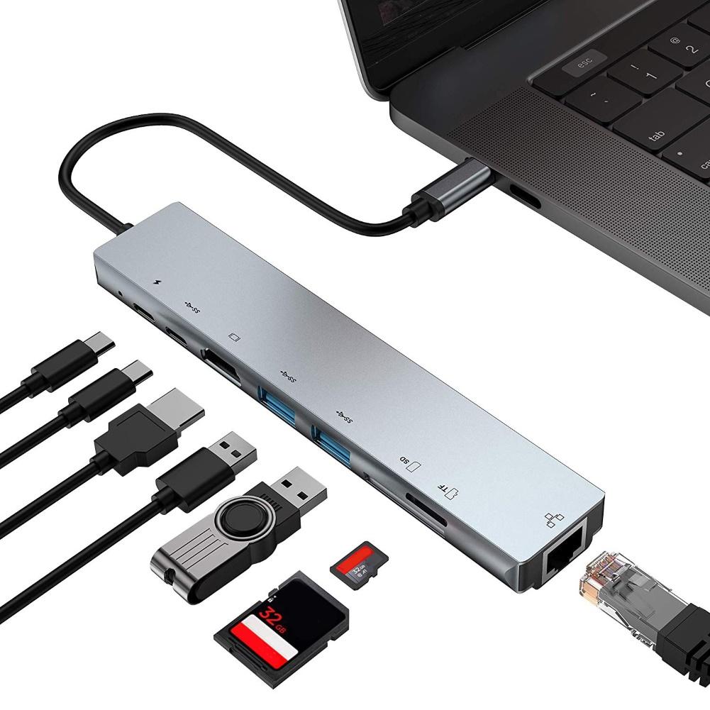 Hub 8 em 1 usb tipo c, 4k hdmi 2 usb3.0 rj45 pd tf adaptador de cartão de memória, docking station de extensão para macbook pro