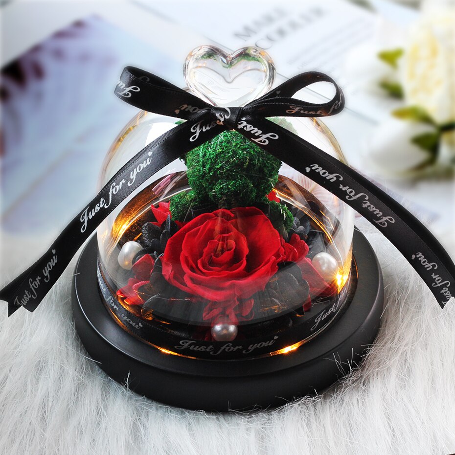 Getrocknete Blumen Ornamente Erhalten Rosen Bears in Glas Abdeckung mit Lichter Hochzeit Weihnachten Neue Jahr Wohnkultur für Mädchen