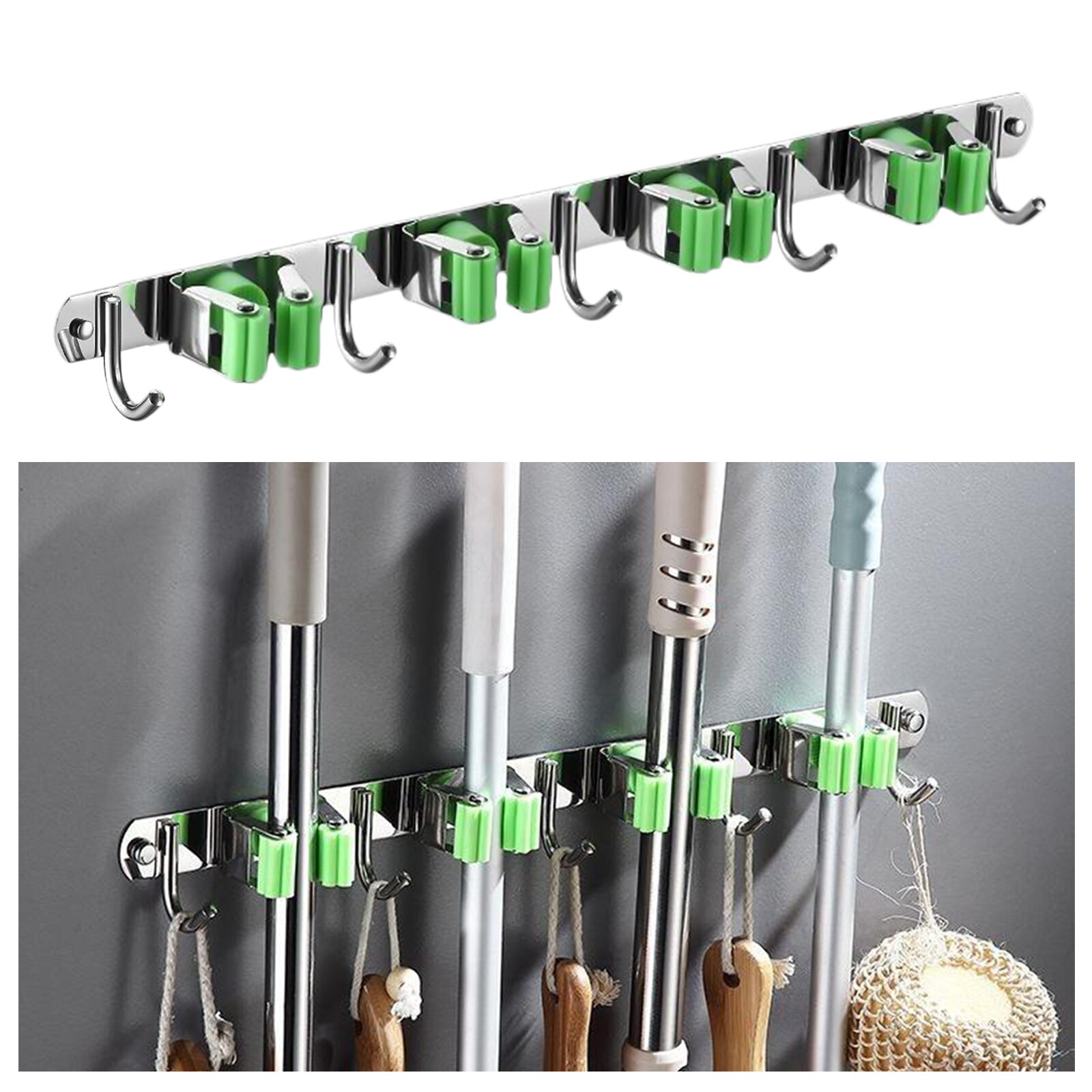 Broom Mop Holder Wall Mounted Hanger Stainless Steel Kitchen 1 Rack: 5 Racks