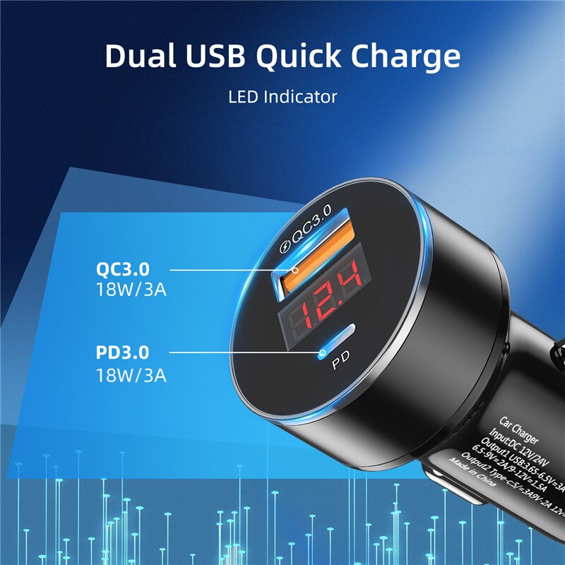 36W Dual Port Quick Lading 6A Snelle Pd Usb C Auto-oplader Voor Iphone Xiaomi Huawei QC3.0 Type C mobiele Led Display Telefoon Oplader