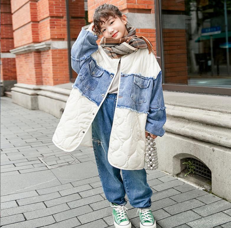 Baby Meisje Denim Patchwork Katoen Jassen Kinderen Herfst Winter Dunne Lange Outfit Tiener Warme Katoenen Jas Korea Stijl Wz492