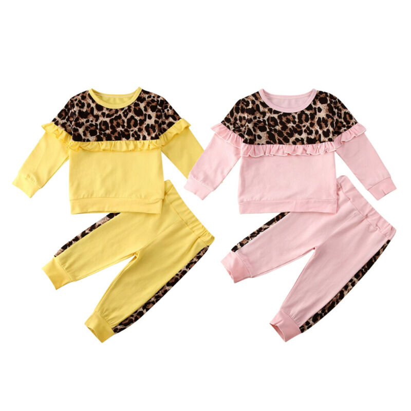 1-6Y Kids Baby Girl Autumn Clothes Sets Long Sleeve Leopard Print Pullover Ruffle Tops Leggings Pants Outfit Set