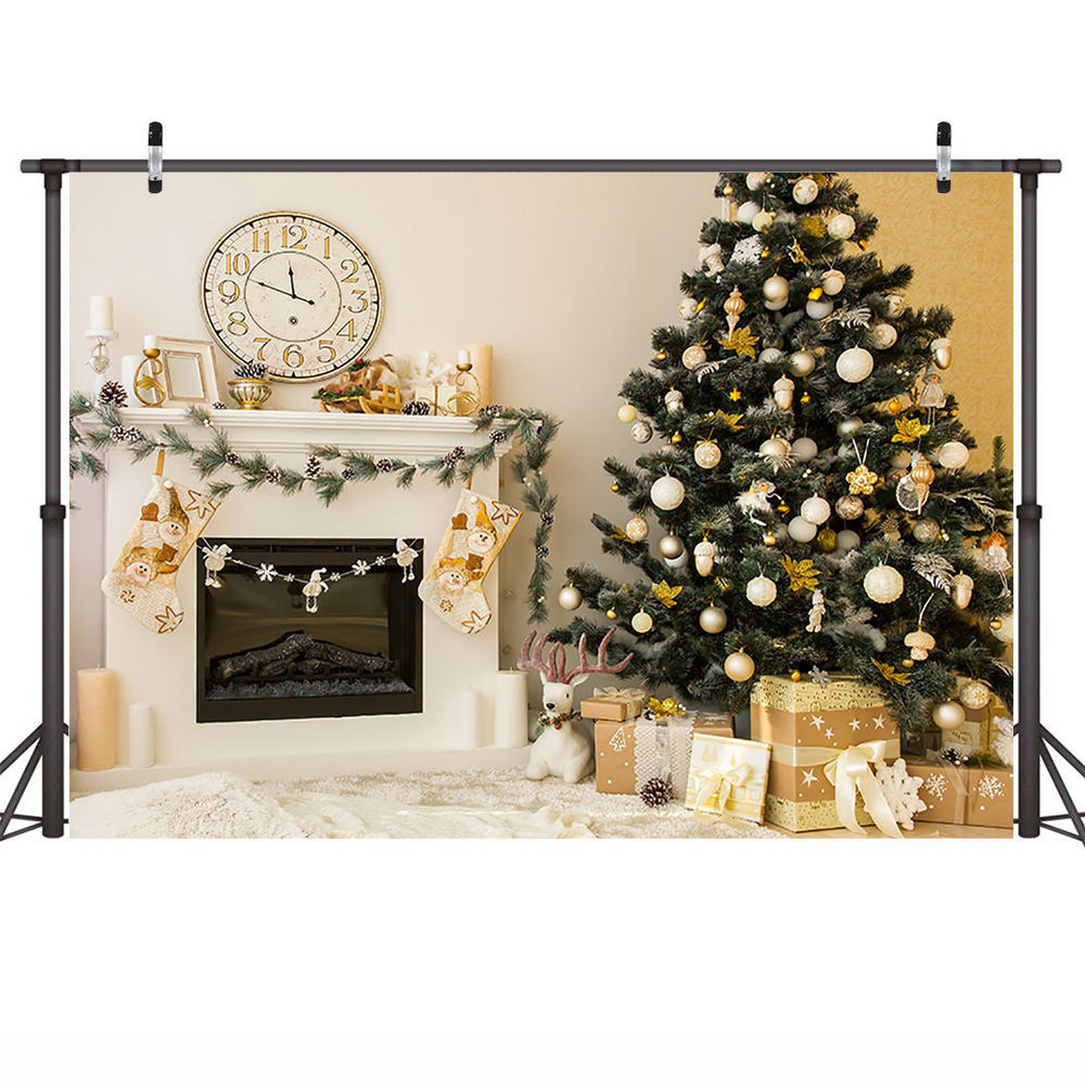Christmas Tree Winter Portrait Background Photography Fireplace Clock Family Living Room Party Backdrop Socks Photocall