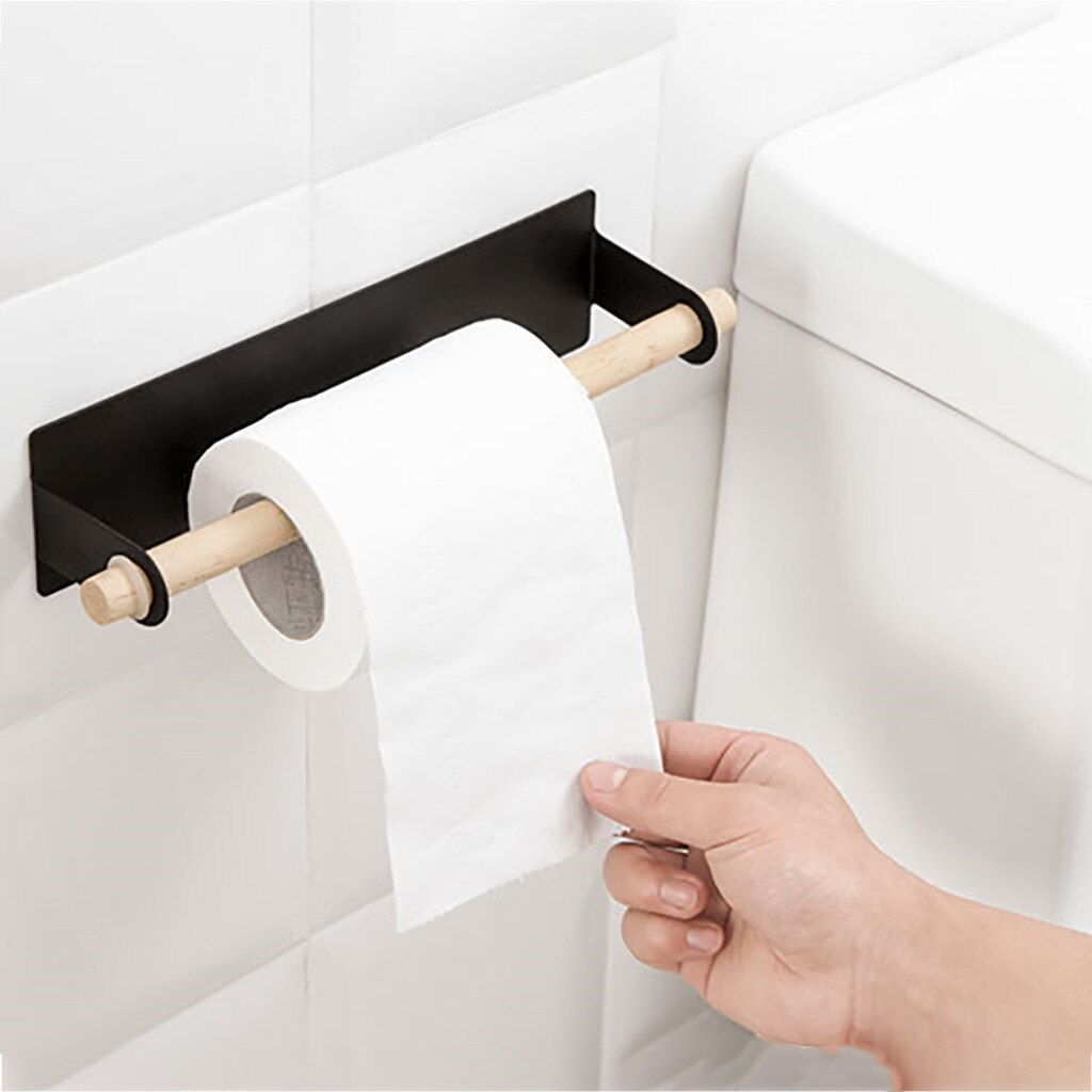 Køkkenpapirholder selvklæbende tilbehør under kabinetrullestativ tissuebøjle opbevaringsstativ til badetoilet #td: Sort