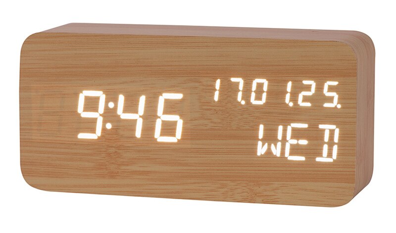 Jinsun Tafel Klok Geluid Controle Desktop Lichtgevende Wekker Voor Kinderen Houten Kalender Moderne Verstelbare Helderheid: bamboo-white