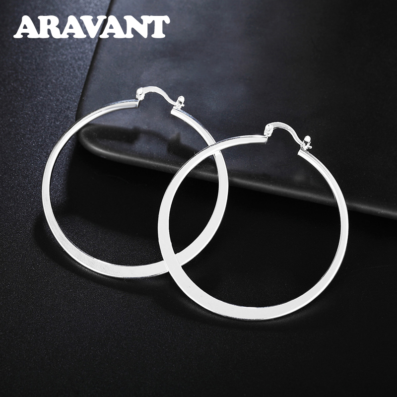925 Zilveren 55 Mm Platte Dunne Ronde Big Hoop Oorbellen Voor Vrouwen Bruiloft Sieraden Accessoire